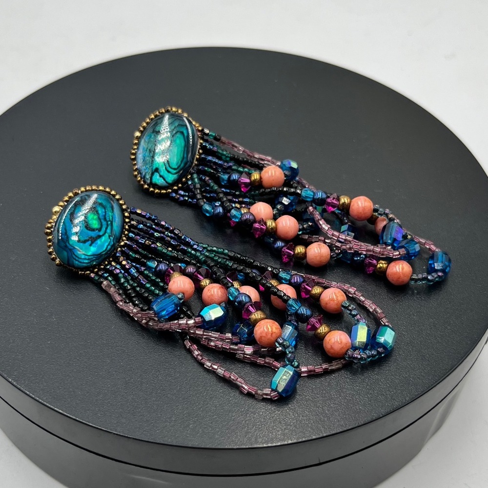 Artisan Hand-beaded Abalone Coral Colored Blue Green Fringe Tassel Boho Earrings